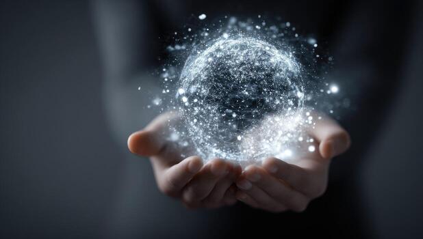 Hands holding a glowing sphere with a network of dots photo