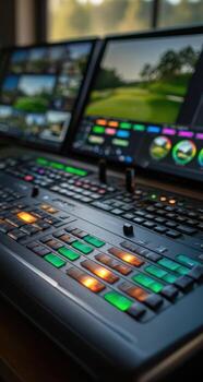 A computer monitor with multiple screens and a golf course photo