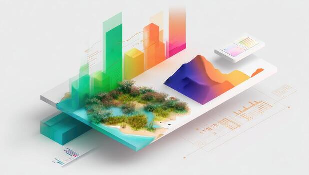 A colorful graphic of a mountain and a city photo