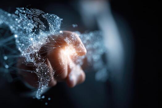 Businessman pointing to world map on network photo