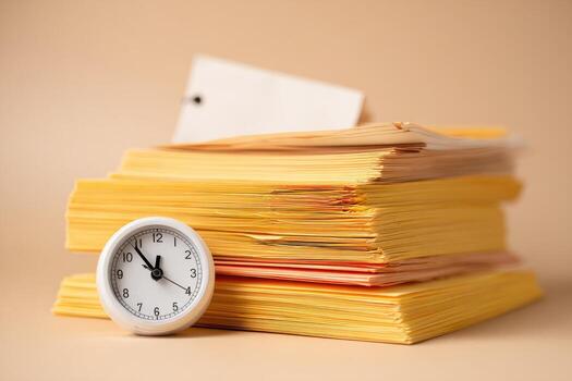 A stack of papers and a clock on a beige background photo