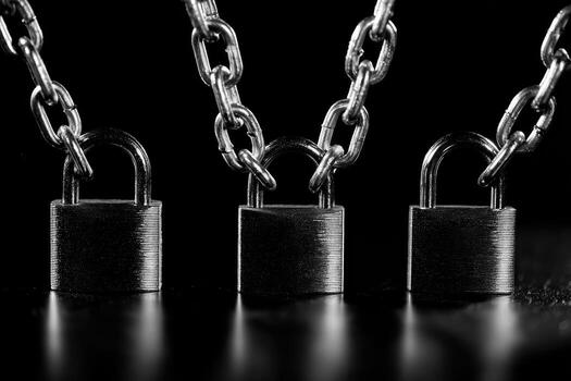 Three padlocks are chained together on a black background photo