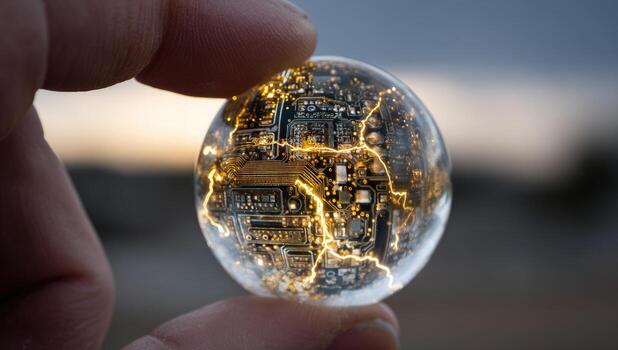 A person holding a glass ball with a circuit board inside photo