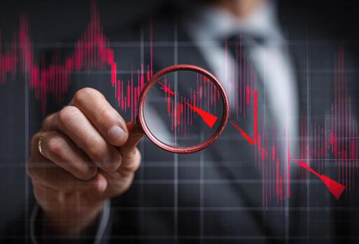 Man holding magnifying glass over stock chart photo