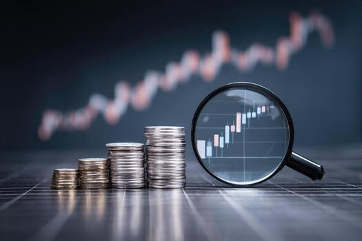 pilas de monedas y aumentador vaso en un mesa con valores mercado grafico foto