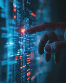 un mano conmovedor un digital pantalla con un binario código foto