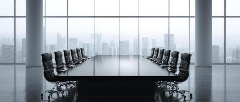 A conference table in front of a cityscape photo