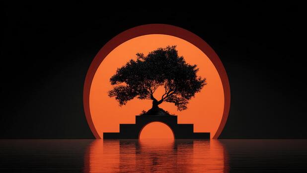 A tree is in the middle of a dark room photo