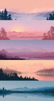 A set of four different landscapes with mountains and trees photo