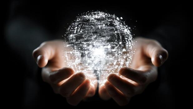 Hands holding a glowing sphere with a digital image photo