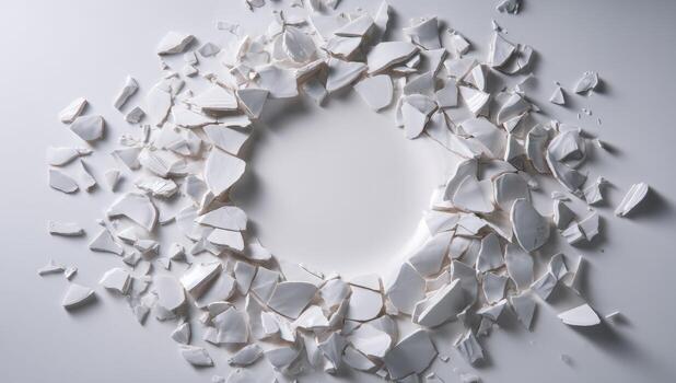 A white circle surrounded by broken pieces of white paper photo