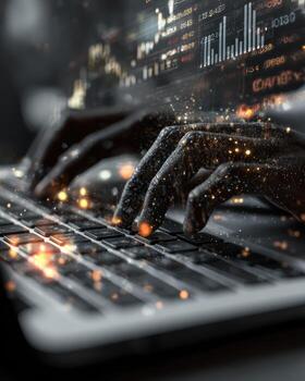 A person typing on a laptop computer with a glowing background photo