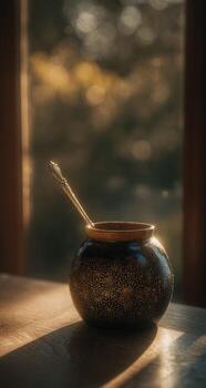 A bowl with a spoon sitting on a table photo