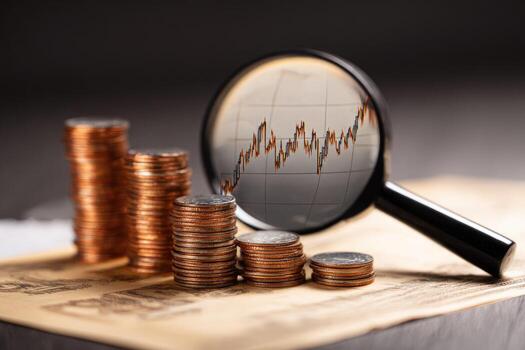 pilas de monedas y un aumentador vaso en un papel con un grafico foto