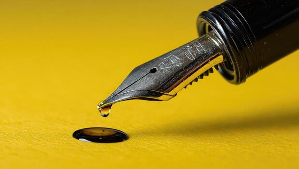 A fountain pen is dripping ink onto a yellow surface photo