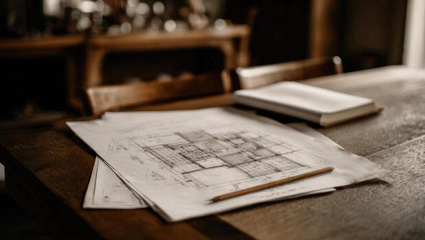 Architectural plans on a table photo