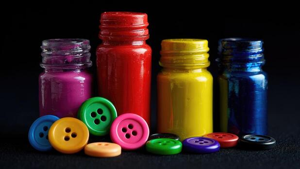 A group of colorful buttons and bottles photo