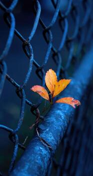 A single orange leaf is growing on a chain link fence photo
