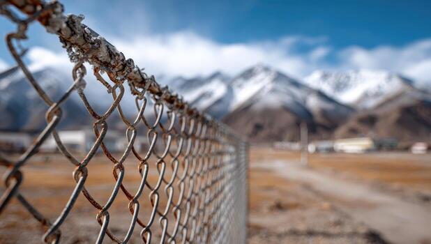 A chain link fence with mountains in the background photo