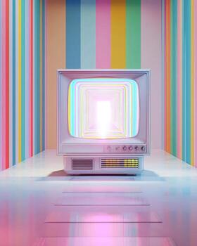 un antiguo televisión es sentado en frente de un vistoso pared foto