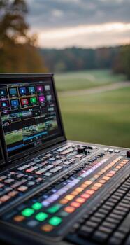 un mezclador con múltiple pantallas en eso foto