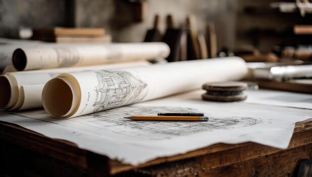 Architectural drawings on a table with a pencil photo