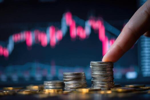 mano señalando a apilar de monedas en un mesa con valores mercado grafico antecedentes foto