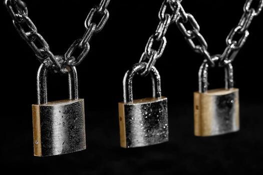 Three padlocks are chained together on a chain photo