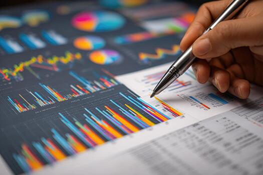 Businessman using pen to write on financial reports photo