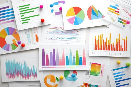 A pile of colorful graphs and charts on a table photo