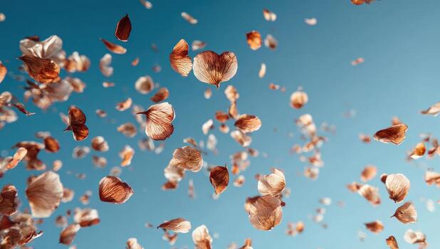 Falling petals on a blue sky background photo