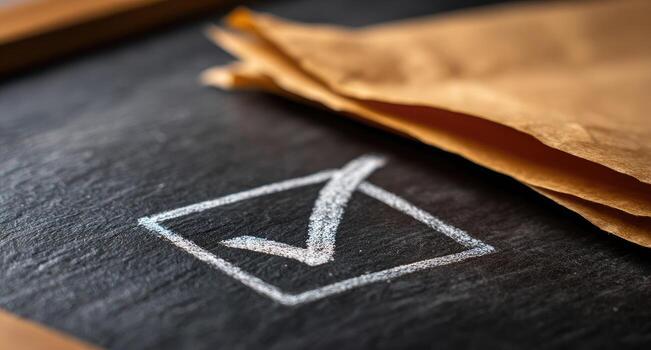 cheque marca en pizarra con papel y marrón estropeado papel valores foto