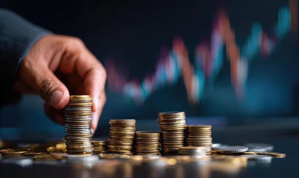 un mano es participación pilas de monedas en un mesa con un valores mercado grafico en el antecedentes foto