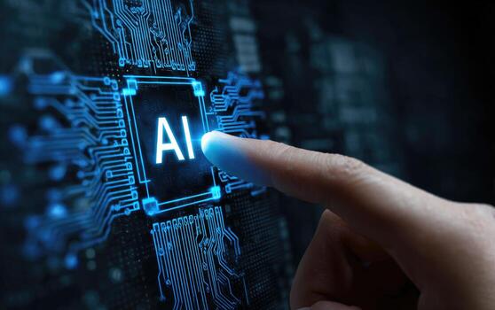 A hand touching ai on a digital circuit board photo