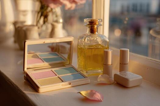 A window sill with a bottle of perfume, a mirror, and a box of cosmetics photo