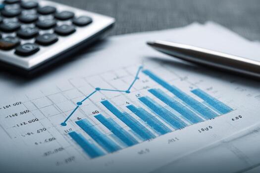 negocio Finanzas concepto - de cerca de un bolígrafo y calculadora en un papel con un grafico foto