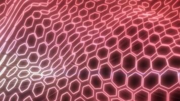 radiante vermelho hexagonal malha com brilhando arestas, formando uma dinâmico onda padronizar simbolizando energia, tecnologia, e futurista Projeto video