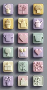 A set of different colored squares with different objects photo