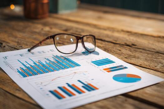 Glasses and business charts on a wooden table photo