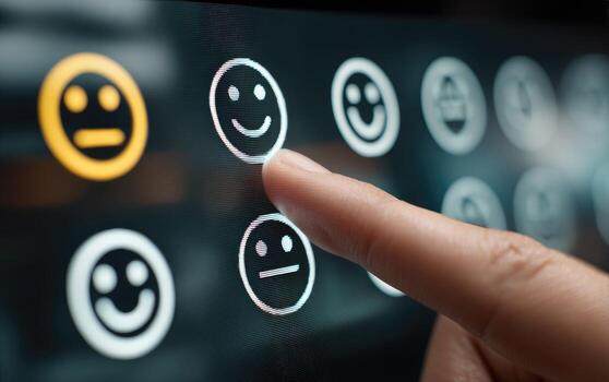A person is touching a smiley face on a screen photo