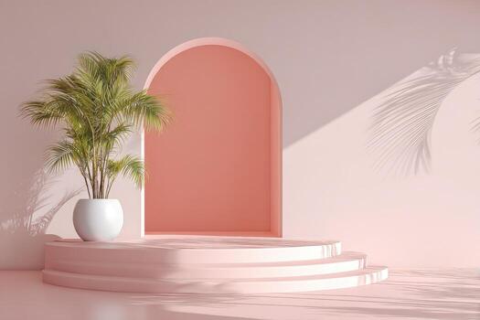 A white vase with a palm tree in front of an arch photo