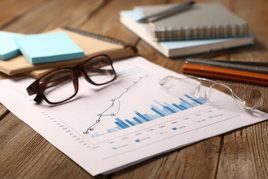 Business charts, glasses and notebook on wooden table photo