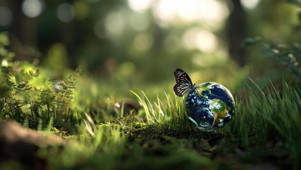 Earth globe in the grass with butterfly photo