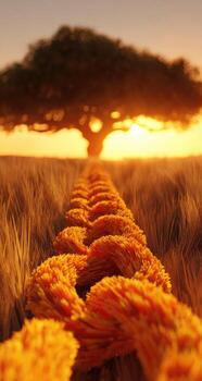 A long rope is tied to a tree in the middle of a field photo