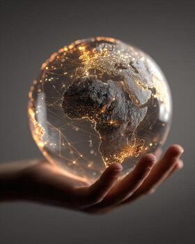 Hand holding a globe with network lines on it photo