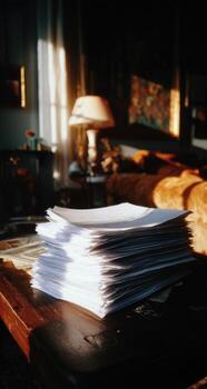 A pile of papers on a table in front of a couch photo