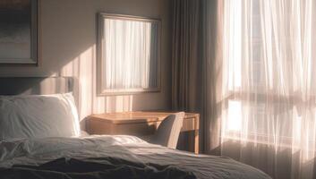 un cama con un escritorio y un ventana en un dormitorio foto