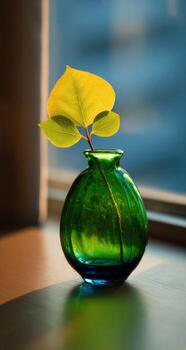 un verde florero con un hoja en eso foto