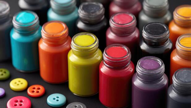 A group of colorful paint bottles and buttons photo