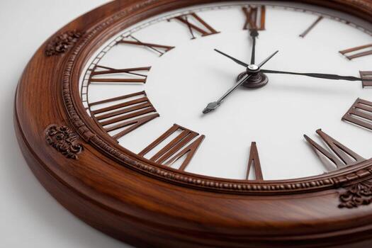 A close up of a wooden clock with roman numerals photo